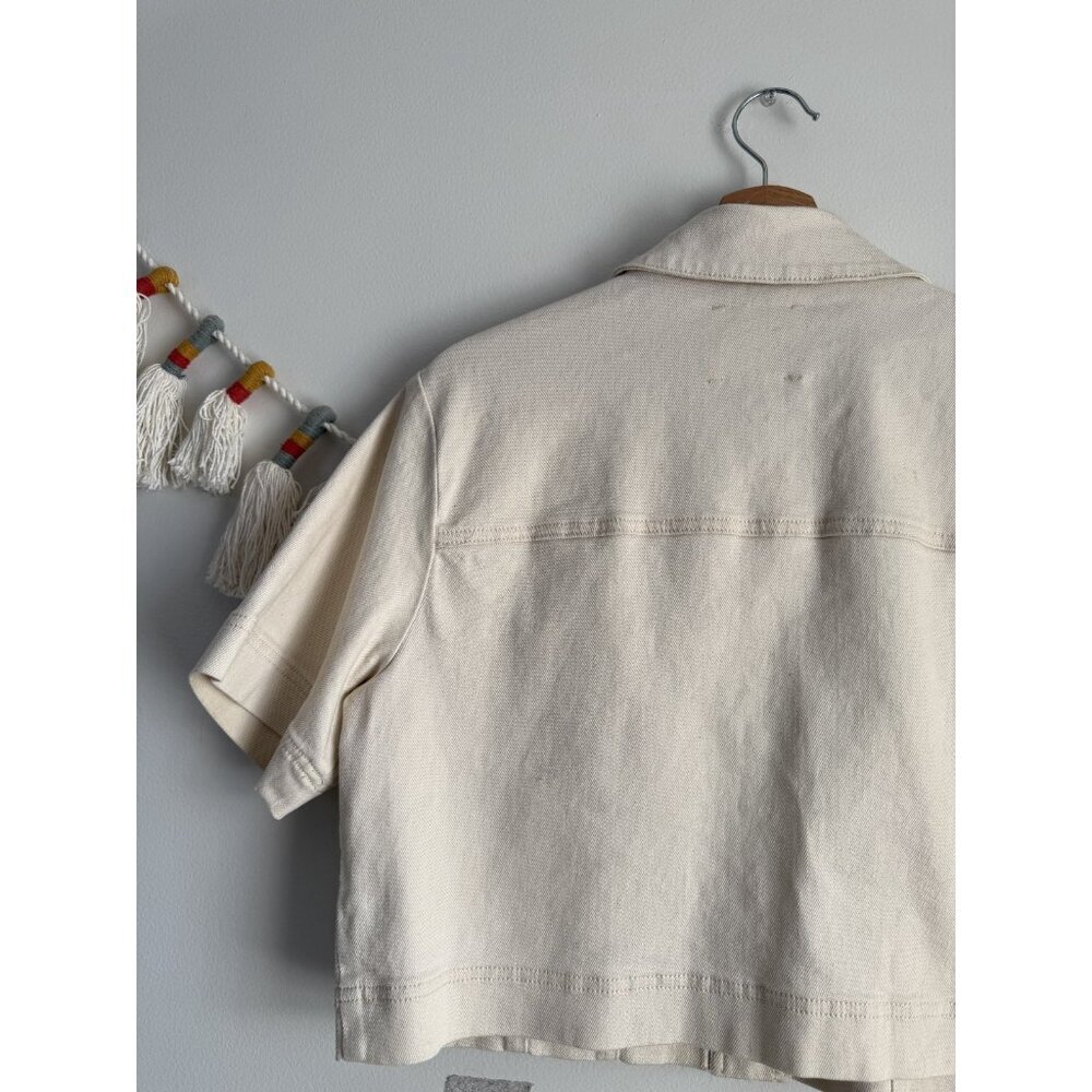 Habitual Braided Yoke Short Sleeve Denim Cropped Shacket Neutral Classic Boho M - Picture 9 of 9